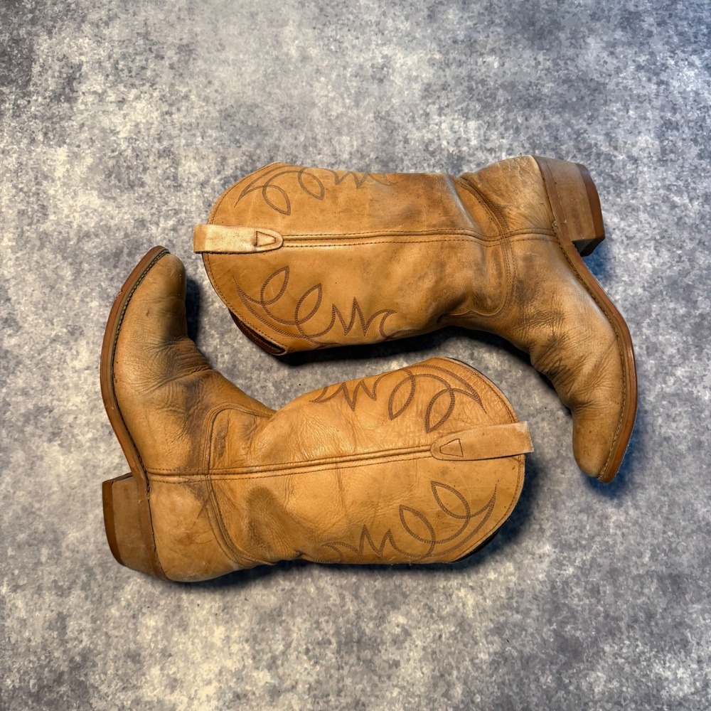 Vtg Golden Retriever Mens Leather Western Cowboy Boots Made in USA Tan 9 M 2130